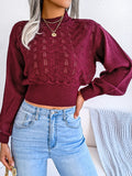 MQTIME  -  Openwork Mock Neck Long Sleeve Cropped Sweater