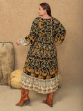 MQTIME  -  Plus Size Floral V-Neck Balloon Sleeve Midi Dress