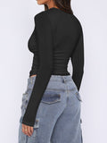 MQTIME  -  Ruched Asymmetrical Neck Long Sleeve T-Shirt