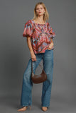 MQTIME  -  Umgee Full Size Abstract Print Smocked Square Neck Puff Sleeve Blouse