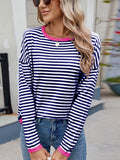 MQTIME  -  Striped Contrast Round Neck Long Sleeve Sweater