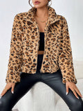 MQTIME  -  Fuzzy Turtleneck Leopard Zip Up Jacket