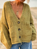 MQTIME  -  Pocketed V-Neck Button Up Cardigan