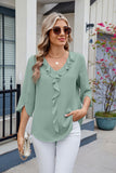 MQTIME  -  Ruffled V-Neck Three-Quarter Sleeve Blouse