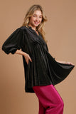 MQTIME  -  Umgee Full Size Beaded Frill Flounce Sleeve Velvet Babydoll Blouse