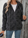 MQTIME  -  Checkered Texture Zip Up Drawstring Fuzzy Jacket