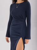 MQTIME  -  Split Round Neck Long Sleeve Midi Dress