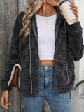 MQTIME  -  Checkered Texture Zip Up Drawstring Fuzzy Jacket