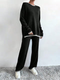 MQTIME  -  Side Slit Contrast Trim Round Neck Top and Pants Sweater Set