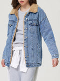 MQTIME  -  Button Up Collared Neck Plush Denim Jacket