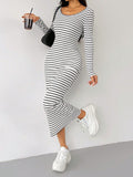 MQTIME  -  Striped Scoop Neck Long Sleeve Midi Tee Dress