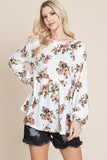 MQTIME  -   Super Lady Full Size Babydoll Floral Boat Neck Long Sleeve Blouse