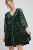 MQTIME  -  Dotted Lace Sleeve Tiered Velvet Mini Dress