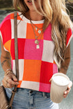 MQTIME  -  Contrast Plaid Round Neck Cap Sleeve Sweater