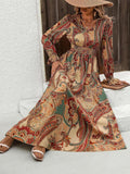 MQTIME  -  Smocked Printed V-Neck Flounce Sleeve Dress