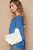 MQTIME  -  Exposed Seam Contrast V-Neck Lantern Sleeve Sweater