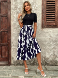 MQTIME  -  Printed Round Neck Short Sleeve Midi Dress