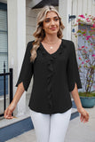 MQTIME  -  Ruffled V-Neck Three-Quarter Sleeve Blouse