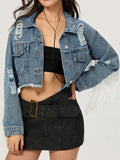 MQTIME  -  Distressed Fringe Collared Neck Cropped Denim Top