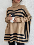 MQTIME  -  Striped Turtleneck Batwing Sleeve Sweater with Pockets