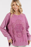 MQTIME  -   Mittoshop Flower Patch Side Slit Mineral Wash Round Neck Sweatshirt