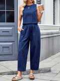 MQTIME  -  Lovelet Plaid Round Neck Sleeveless Top and Pants Set