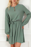 MQTIME  -  Round Neck Long Sleeve Tie Waist Dress