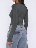 MQTIME  -  Ruched Asymmetrical Neck Long Sleeve T-Shirt
