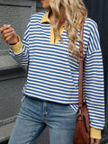 MQTIME  -  Striped Johnny Collar Long Sleeve Sweatshirt