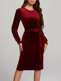 MQTIME  -  Round Neck Tie Waist Long Sleeve Velvet Dress
