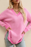 MQTIME  -   Striped V-Neck Dropped Shoulder Sweater