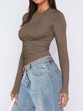 MQTIME  -  Ruched Asymmetrical Neck Long Sleeve T-Shirt