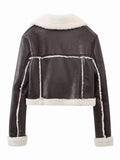 MQTIME  -   Collared Neck Long Sleeve Plush Cropped Jacket