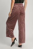 MQTIME  -  Umgee Full Size Elastic Waist Striped Wide Leg Velvet Pants