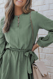 MQTIME  -  Round Neck Long Sleeve Tie Waist Dress