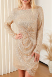 MQTIME  -  Sequin Knot Round Neck Long Sleeve Mini Dress