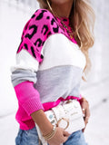 MQTIME  -  Leopard Color Block Round Neck Long Sleeve Sweater