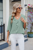 MQTIME  -  Ruffled V-Neck Three-Quarter Sleeve Blouse