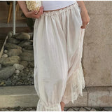 MQTIME  -  Casual Lace Patchwork Elastic Waist Trouser Women Chic High-waisted Lace-up Loose Wide-leg Ninth Pants Lady Street Trousers