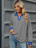MQTIME  -  Striped Johnny Collar Long Sleeve Sweatshirt