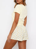 MQTIME  -  Printed Round Neck Short Sleeve Top and Drawstring Shorts Set