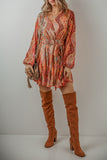 MQTIME  -  Tied Printed Balloon Sleeve Mini Dress