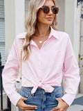 MQTIME  -  Striped Collared Neck Button Down Long Sleeve Shirt