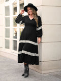 MQTIME  -  Plus Size Lace Detail V-Neck Long Sleeve Midi Dress