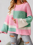 MQTIME  -  Color Block Round Neck Drop Shoulder Sweater