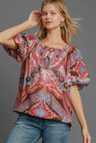 MQTIME  -  Umgee Full Size Abstract Print Smocked Square Neck Puff Sleeve Blouse