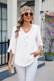 MQTIME  -  Ruffled V-Neck Three-Quarter Sleeve Blouse