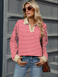 MQTIME  -  Striped Johnny Collar Long Sleeve Sweatshirt
