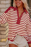 MQTIME  -  Stripe Johnny Collar Drop Shoulder Sweatshirt