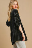 MQTIME  -  Umgee Pearl Detail Half Sleeve Velvet Babydoll Blouse